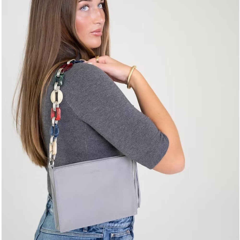 Kelly Tooke Light Gray Bag Clutch with Colorful Acrylic and Silver Chain